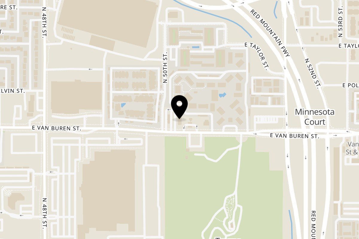 Map showing the location of Honey Bear's BBQ on 5012 E Van Buren St in Phoenix